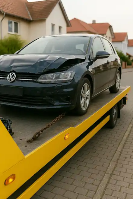 Ein defektes Auto wird zur Reparatur abgeschleppt, um den Autoankauf in Buchholz abzuschließen.